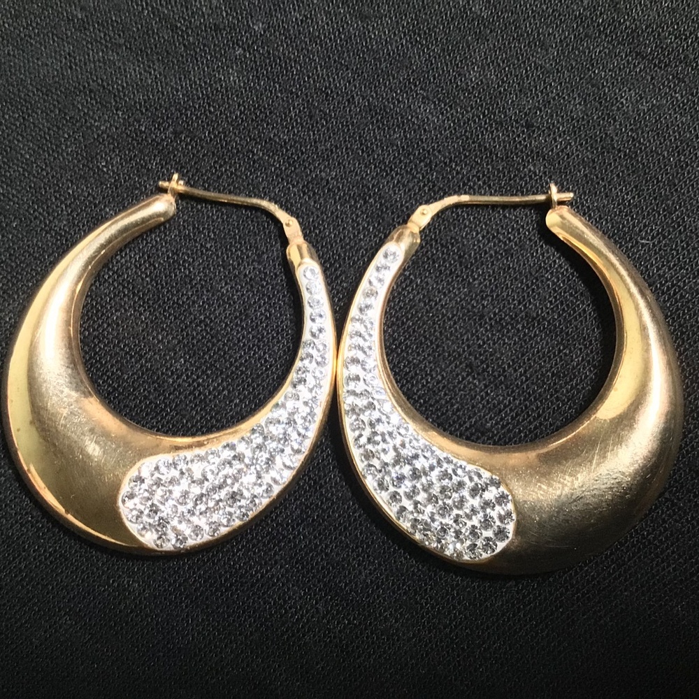 14K Gold Plated Sterling Silver Crystal Puffed Oval Hoop Earrings